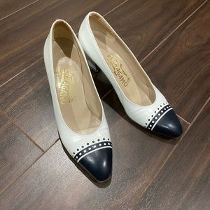 Vintage Salvatore Ferragamo white cap toe pumps